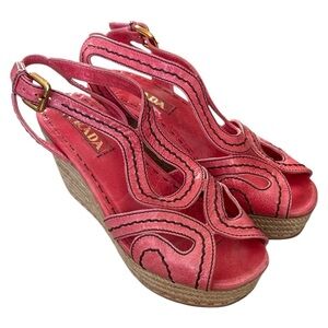 EUC - Prada Women's Pink Wedge Sandal Espadrilles - size 37.5/US7.5